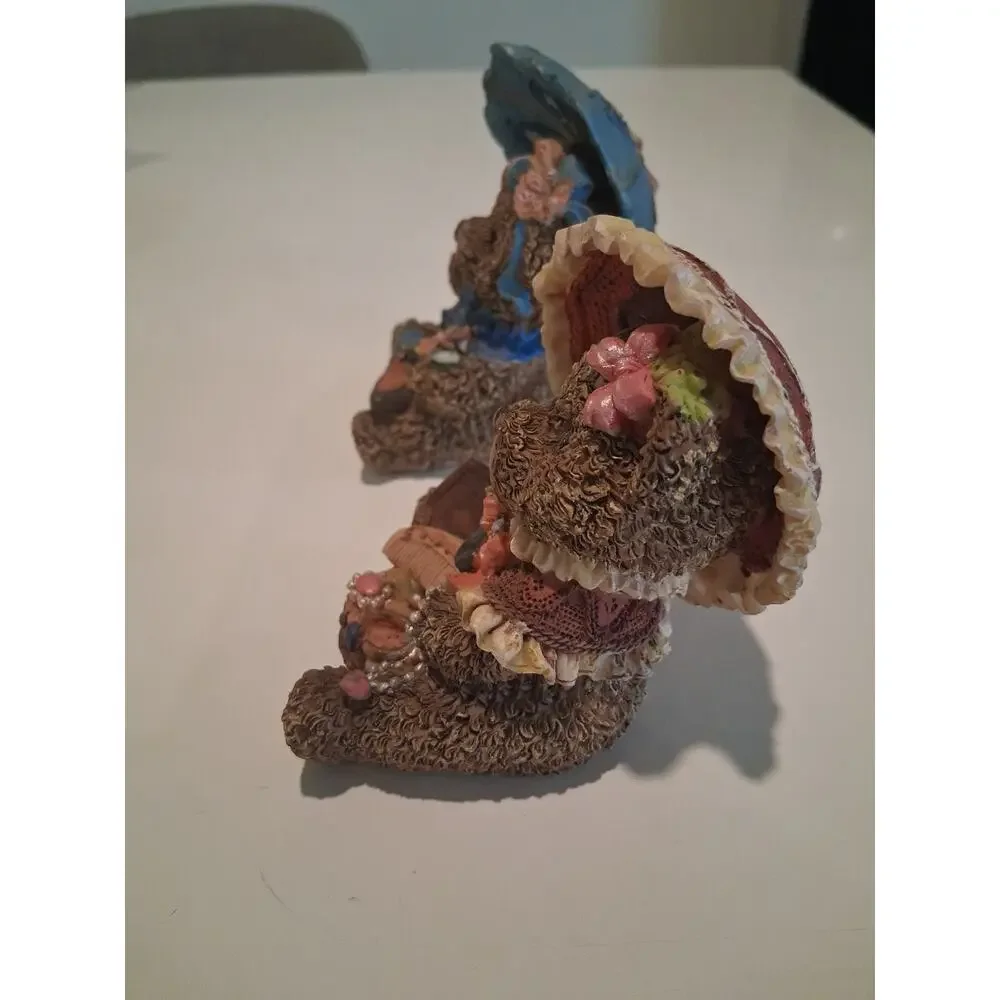 Vintage Resin Teddy Bear Figurines Lot Of 2 Dressed Girl Bears Hats Umbrella